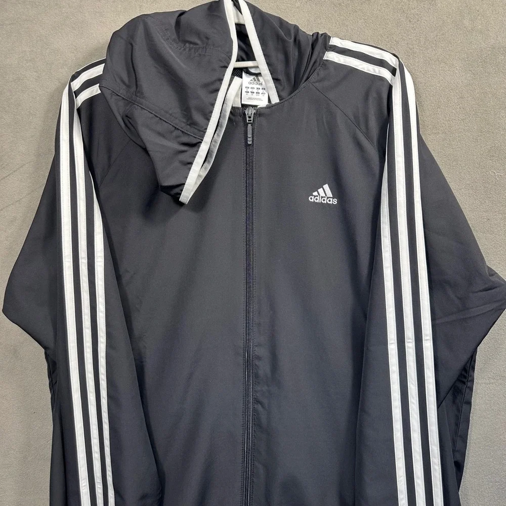 Adidas Track Jacket Mens Large Black White 3-Stripe Hooded Full Zip Excellent - Picture 4 of 7